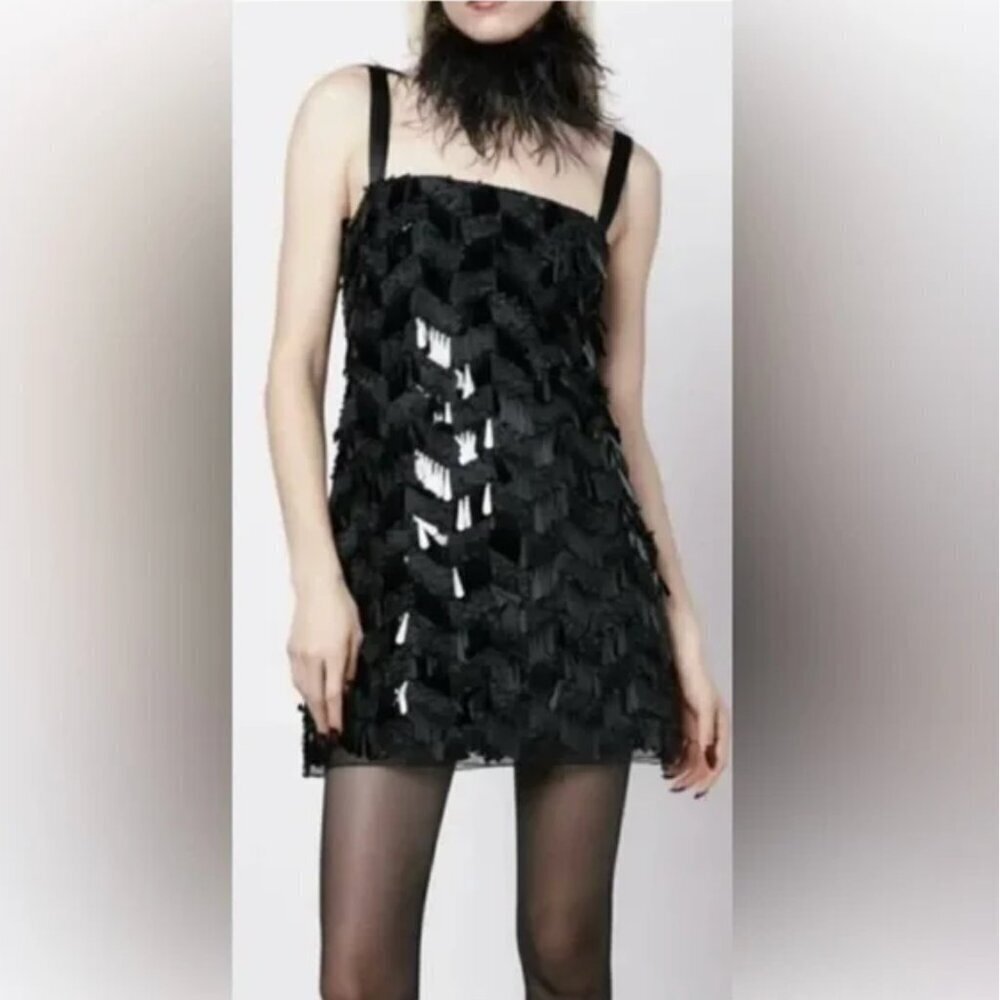 Zara Black Sequin Mini Dress with Straps - SIZE Medium NEW WITH TAG! - Picture 4 of 12